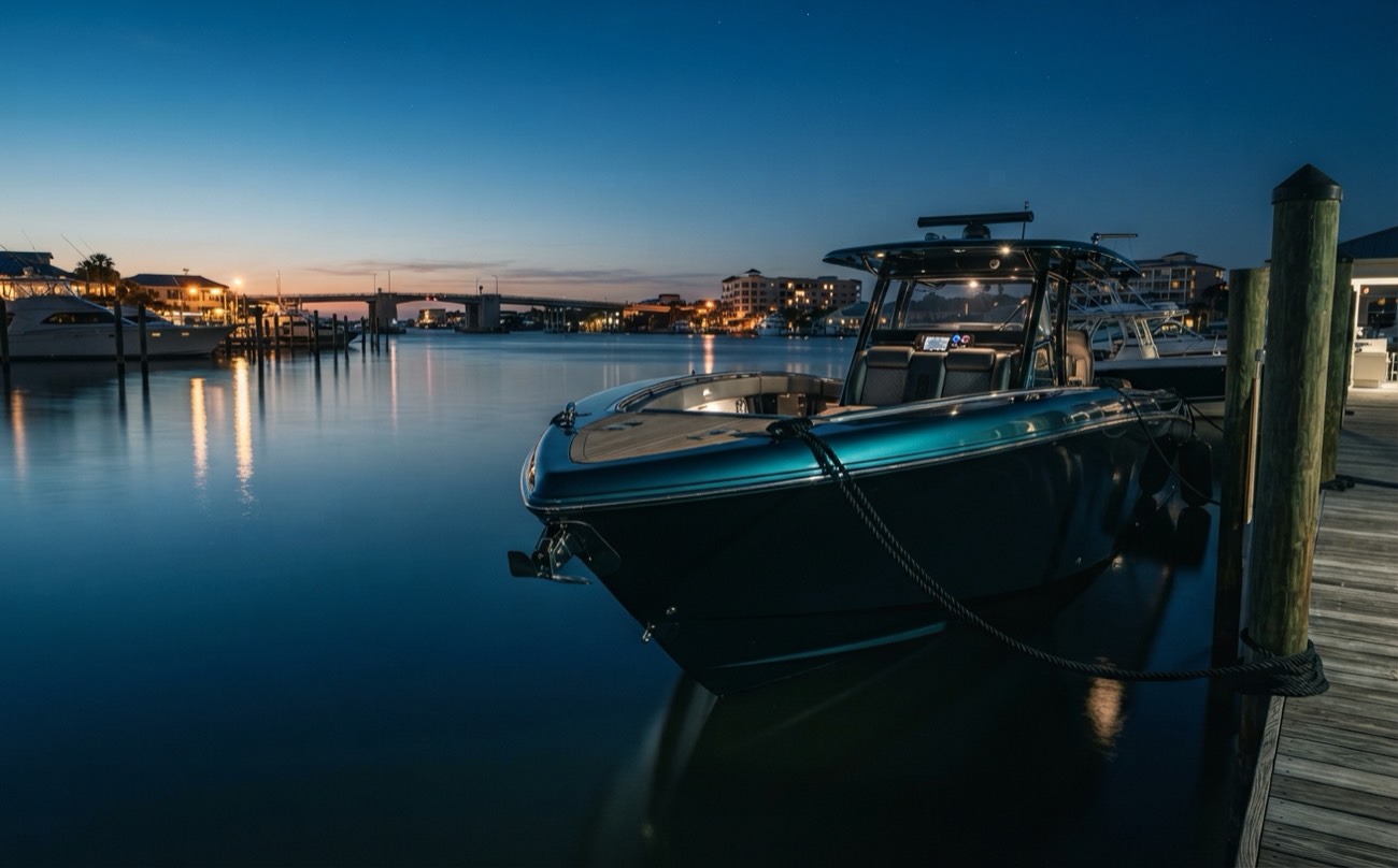 Freshly detailed sport boat docked at John's Pass at dusk
