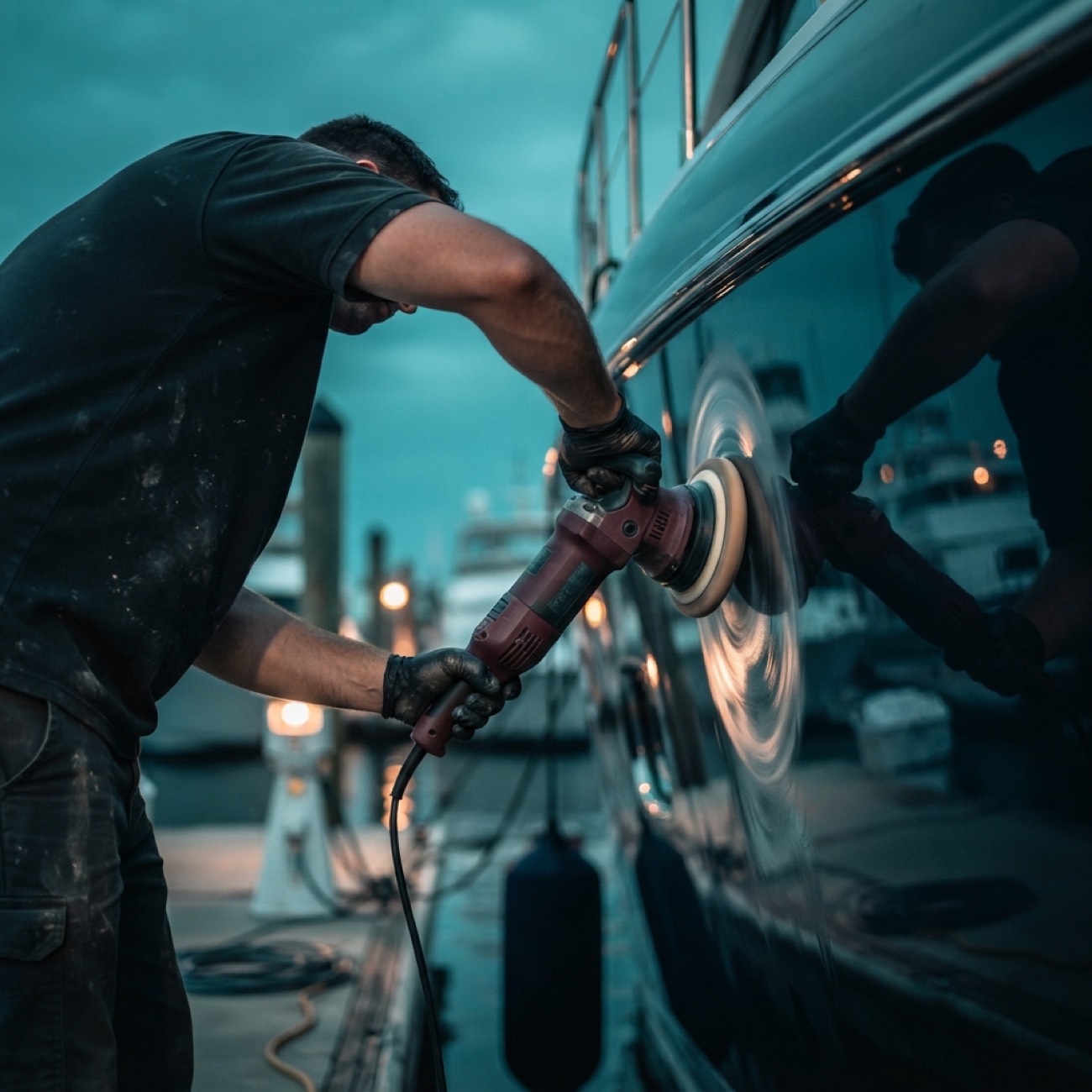 A detailer polishing a hull to a mirror shine